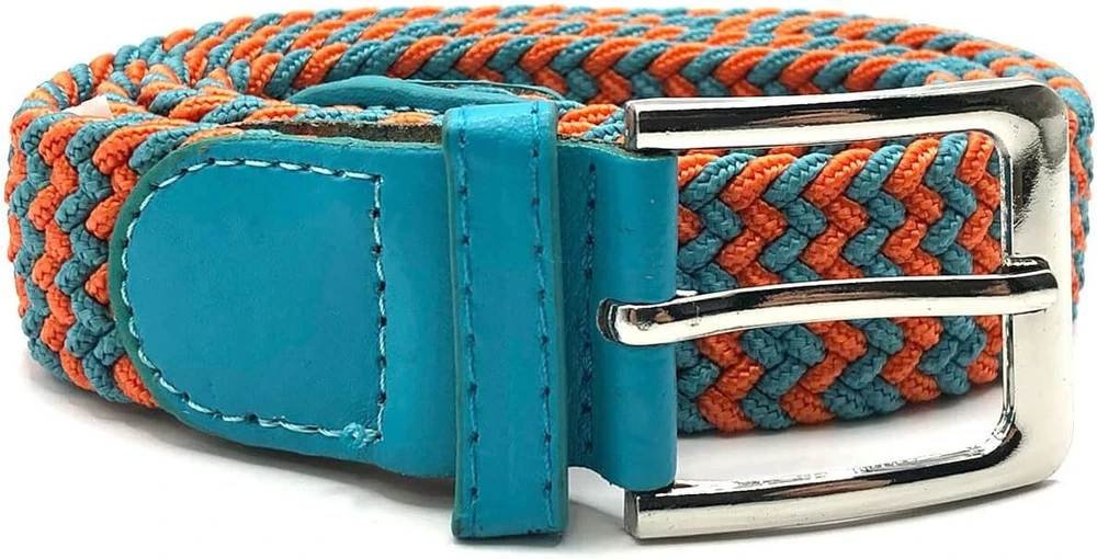 Charmoni - Sienna - moteriškas pintas diržas - elastinis ir iš dirbtinės odos - sidabrinė plieno sagtis - aukštis 3 cm - 90/105 cm - vienas dydis, oranžinis, mėlynas