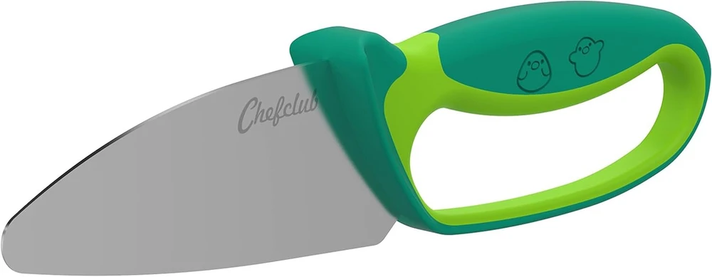 Chefclub vaikiškas peilis vaikams, žalias peilis, vaikiškas peilis su pirštų apsauga, ašmenų apsauga ir ergonomiška rankena, vaikiškas virtuvinis peilis, virtuvės reikmenys vaikams, skirtas mažyliams