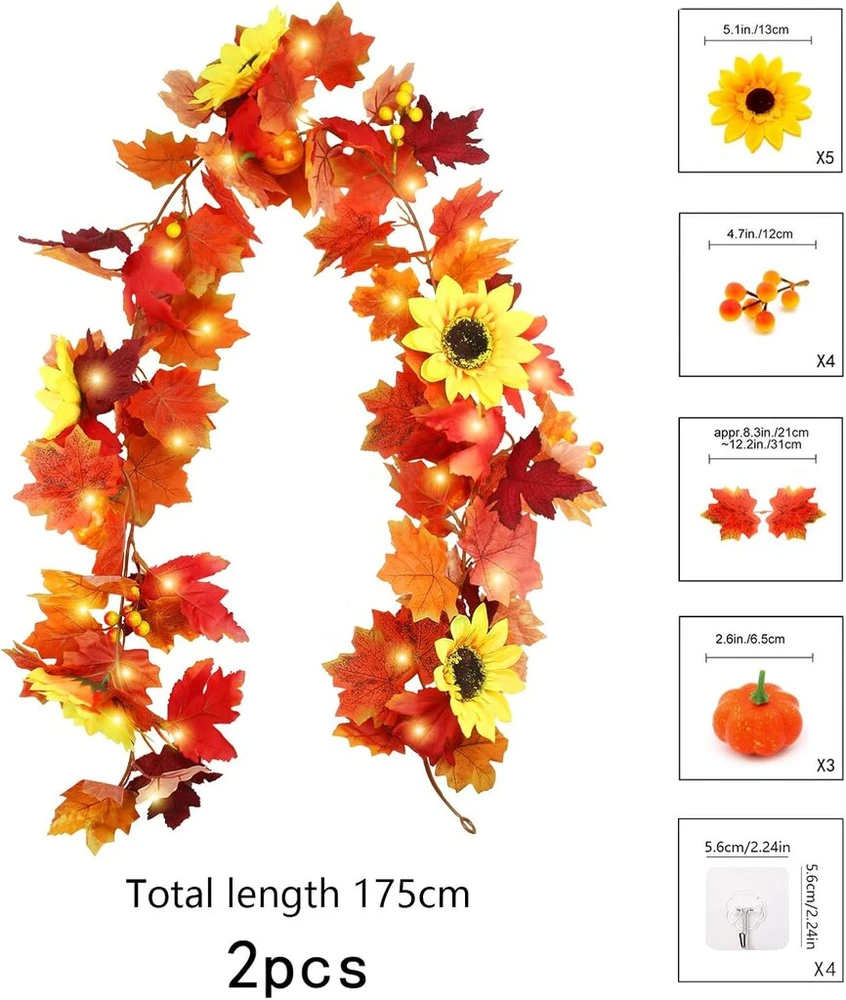 Chenyu 2 vnt. dirbtinių klevo lapų girlianda, rudens dekoracija, 175 cm, stalo dekoracija, rudens, pakabinama, daugkartinio naudojimo, namams, sodui, durims, fonas rudens dekoracijai, vestuvėms, vakarėliui