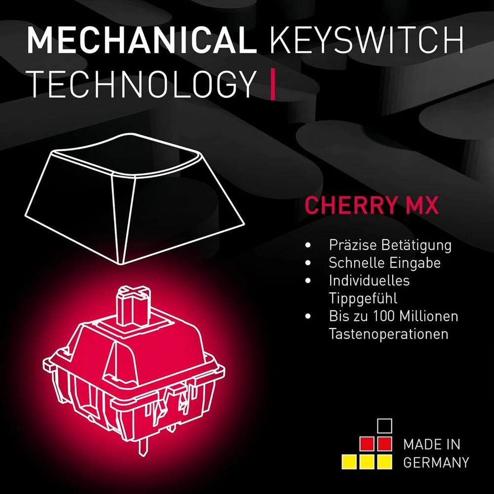 Cherry mx board 3.0 s laidinė žaidimų klaviatūra su rgb apšvietimu, vokiškas išdėstymas (qwertz), mx silent red jungikliai, juoda