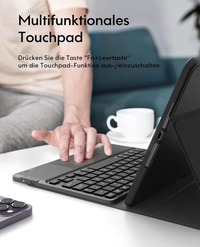Chesona dėklas, skirtas ipad 9 kartos, ipad 10.2 9/8/7 kartos su jutikliniu kilimėliu, 7 spalvų apšvietimas, 2 bt kanalai, įkraunama nuimama qwertz klaviatūra, juoda