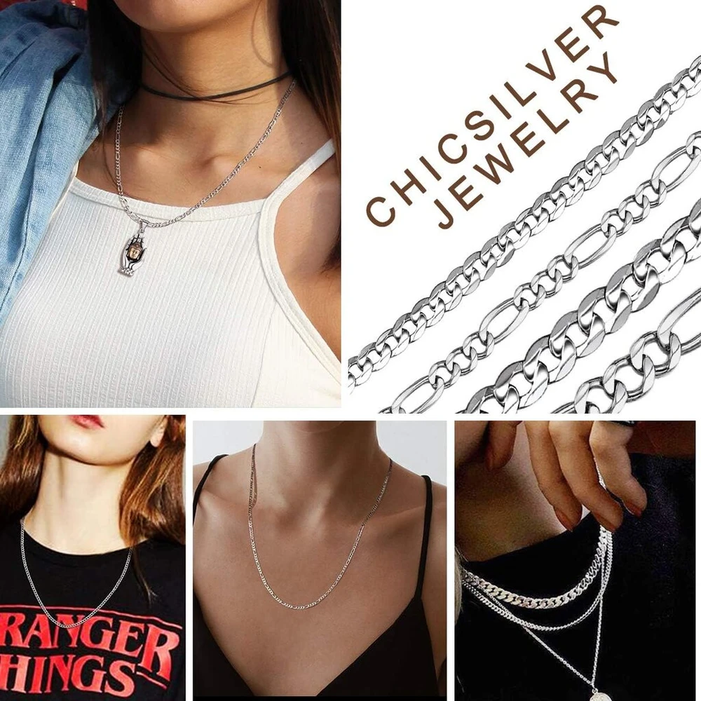 Chicsilver 925 sidabro 3 mm/5 mm moteriškas figaro grandinėlės madingas vėrinys be pakabuko vyrams ir moterims