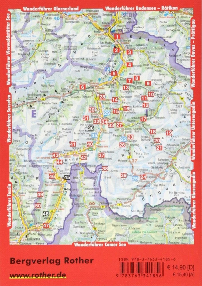 Chur - Hinterrhein: Mittelbünden - tarp Churer Rheintal ir Misox. 50 maršrutų. Su Gps takeliais (rother Wanderführer)