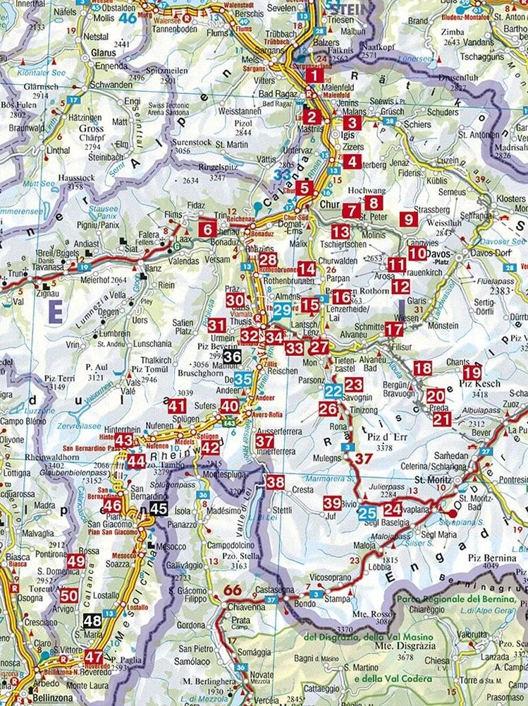 Chur - Hinterrhein: Mittelbünden - tarp Churer Rheintal ir Misox. 50 maršrutų. Su Gps takeliais (rother Wanderführer)
