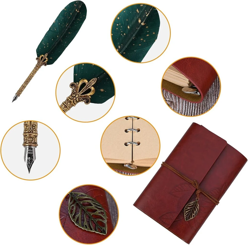 Cieex plunksnos ir rašalo rinkinys su odiniu sąsiuviniu, vintažinis kaligrafijos rinkinys pradedantiesiems, klasikinės ir elegantiškos dovanos jam, vyrams, tėčiui