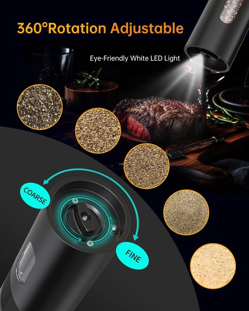 Circle Joy elektrinis pipirų malūnėlis su baterijomis, 120 ml talpa, reguliuojamas rupumas ir balta led lemputė, juodas