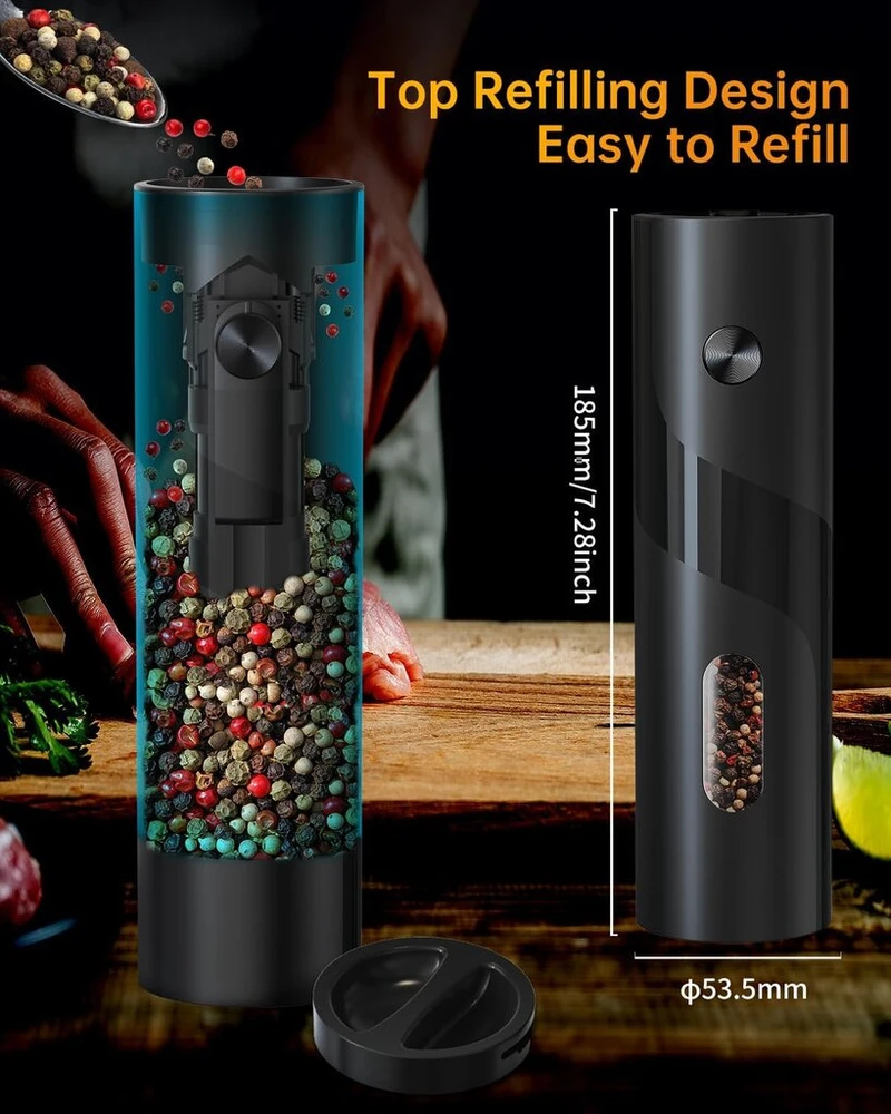 Circle Joy elektrinis pipirų malūnėlis su baterijomis, 120 ml talpa, reguliuojamas rupumas ir balta led lemputė, juodas