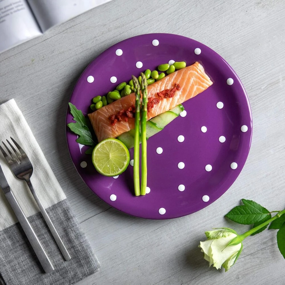 City to Cottage® - keraminė lėkštė 25,5 cm | violetinė ir balta | taškeliai | rankų darbo | didelė vakarienės lėkštė | keraminiai indai