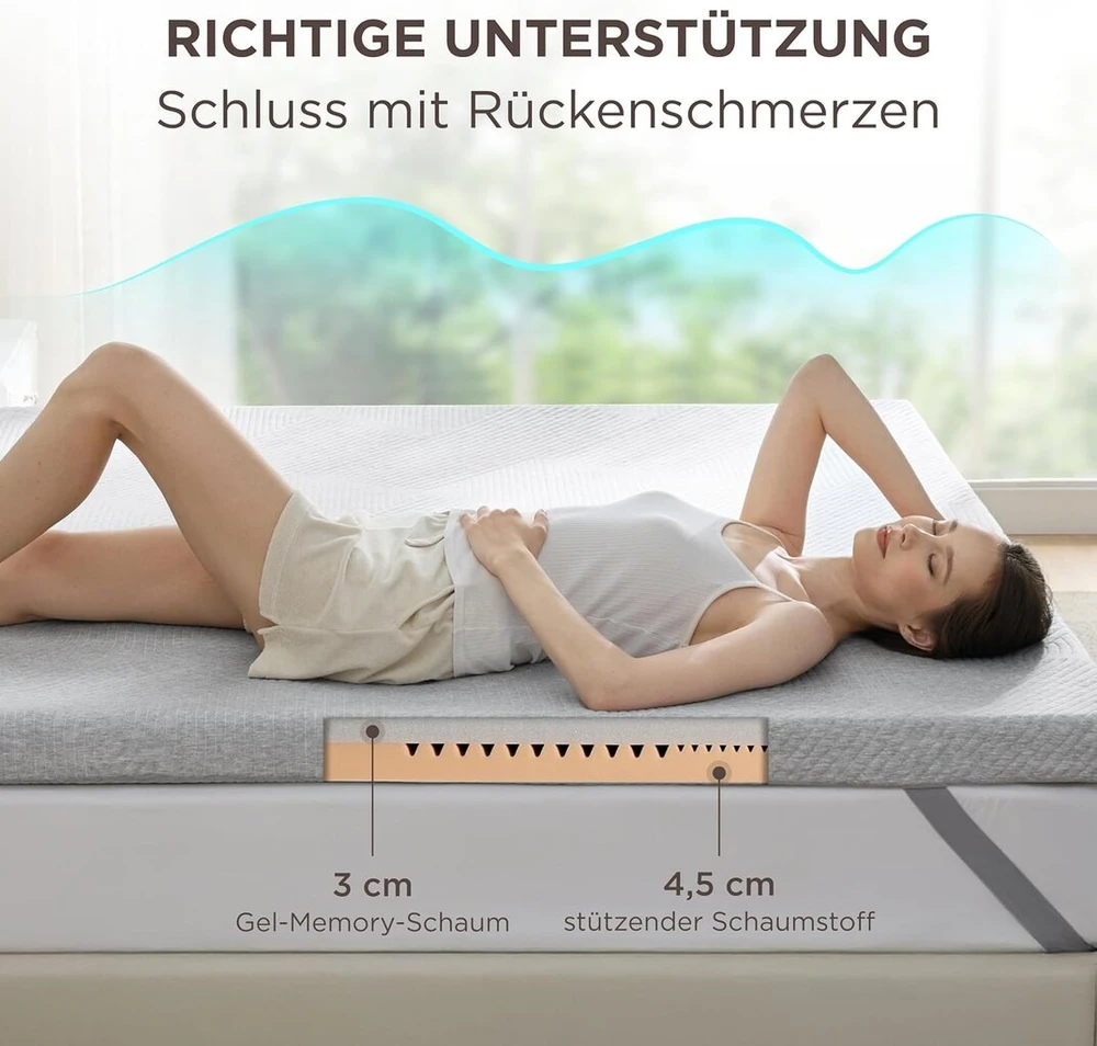 Čiužinys Bedsure antčiužinis 90 x 200 cm, 7.5 cm aukščio antčiužinis, H2 & H3 gelinis memory foam antčiužinis spyruoklinei lovai, nameliui ant ratų, sofai-lovai, su nuimamu ir skalbiamu užvalkalu, pilkas