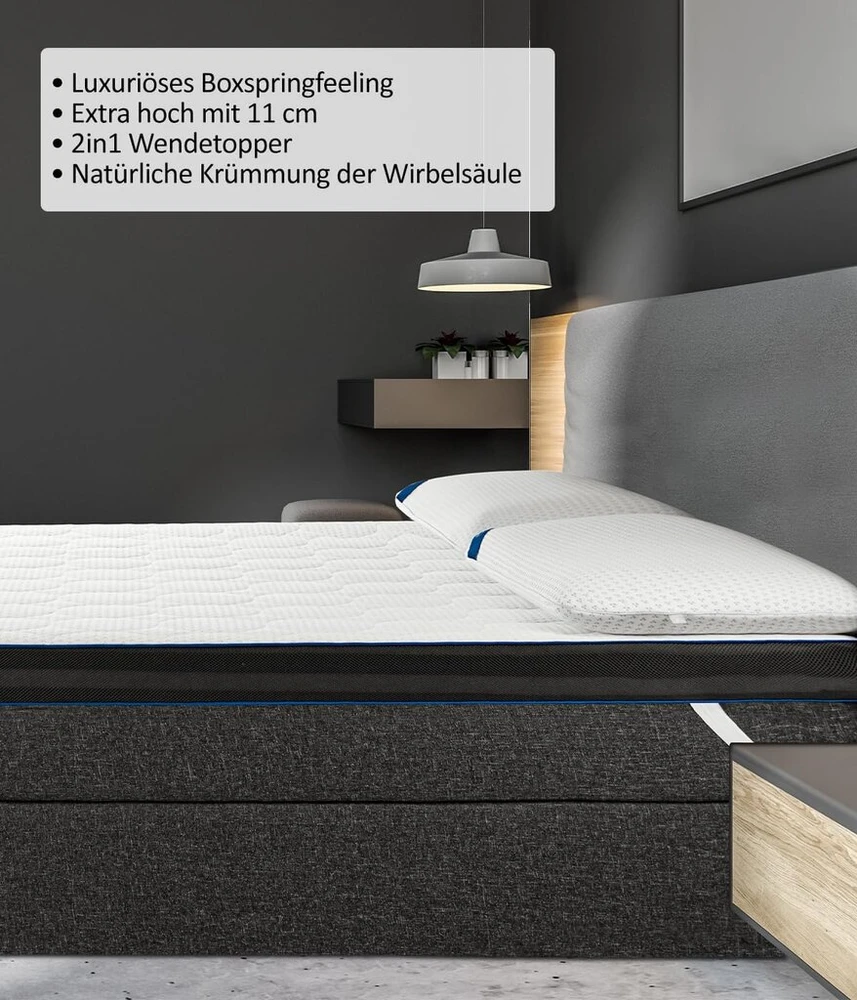 Čiužinys Eazzzy Topper Royal Hybrid dydis 180 x 200 x 11 cm antčiužinis su geliniu memory foam, spyruoklinis antčiužinis, temperatūrą reguliuojantis, sidabrinis užvalkalas, kietas minkštas 2 pusės, lengvas pritvirtinimas