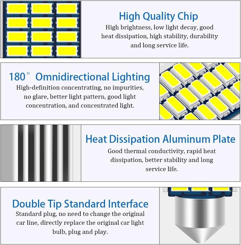 Cjbin led salono apšvietimas automobiliui, 6 vnt., 36 mm, 624 liumenų, 12 v led lemputė, lengva naudoti, balta šviesa