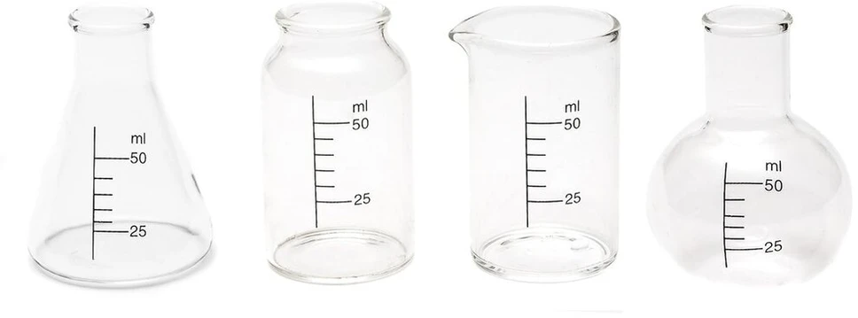 Ckb Ltd rinkinys iš 4 cheminių laboratorinių stikliukų gėrimams, 50 ml - mokslo tema, naujoviški laboratorijos formos stiklinės ir kolbos, Ckb Ltd