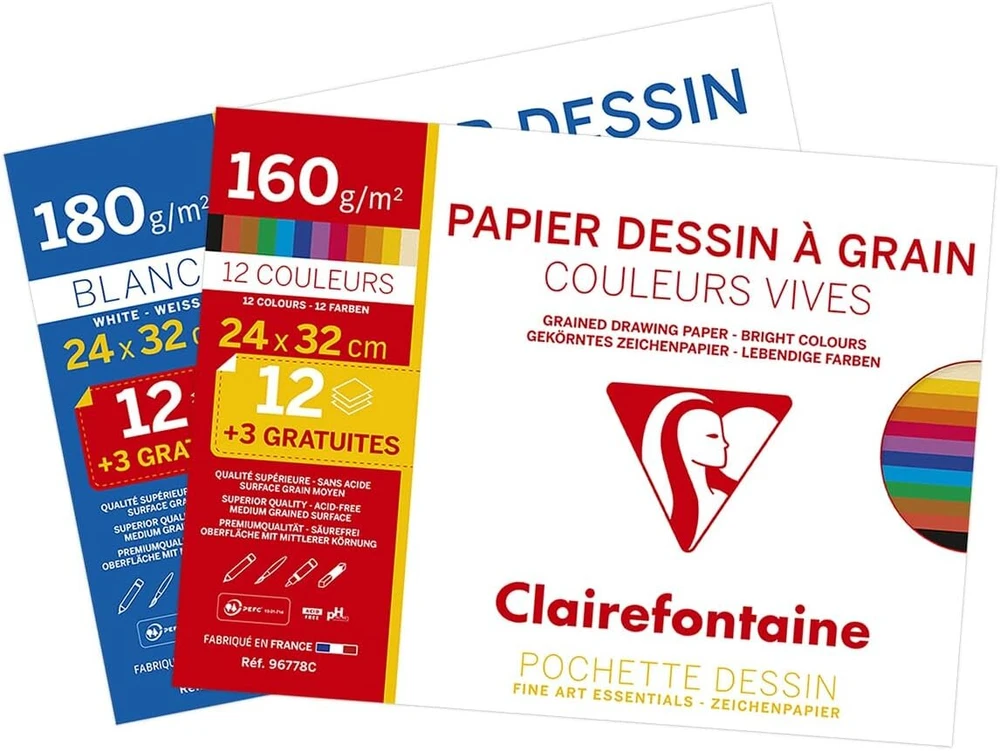 Clairefontaine piešimo popieriaus rinkinys, 15 lapų - 1 pakelis baltas - 1 pakelis ryškių spalvų