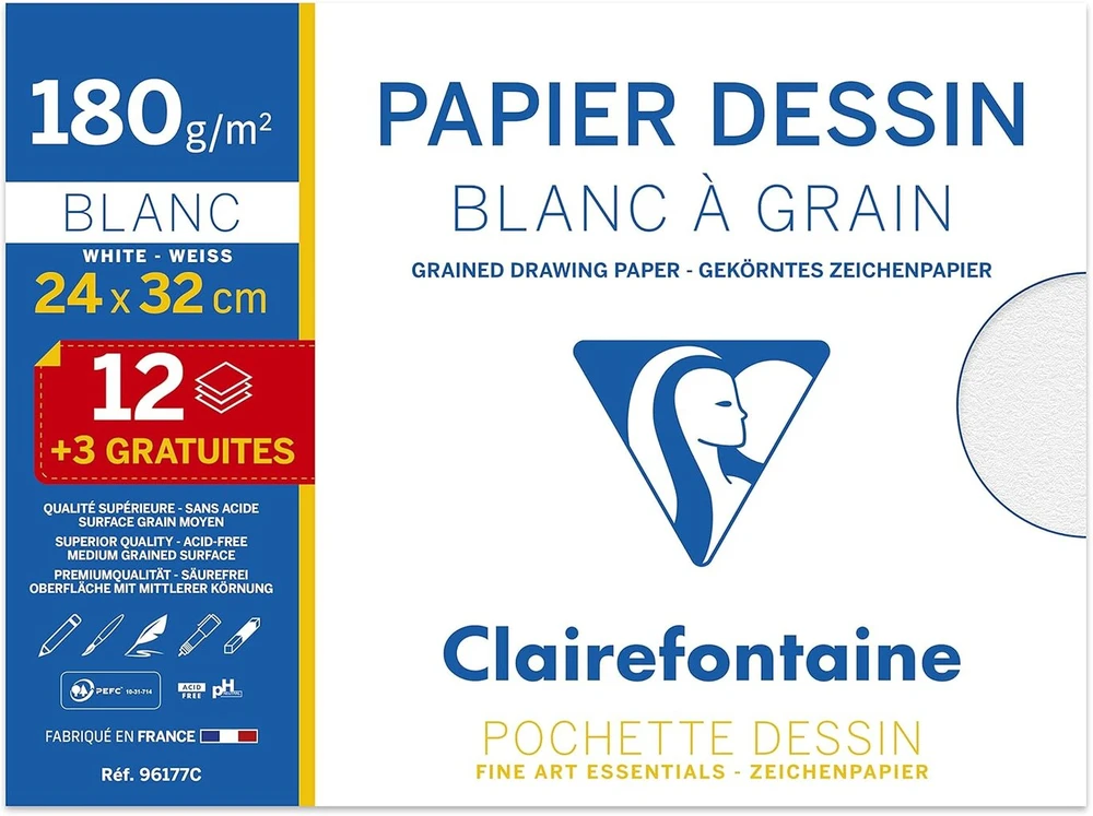 Clairefontaine piešimo popieriaus rinkinys, 15 lapų - 1 pakelis baltas - 1 pakelis ryškių spalvų