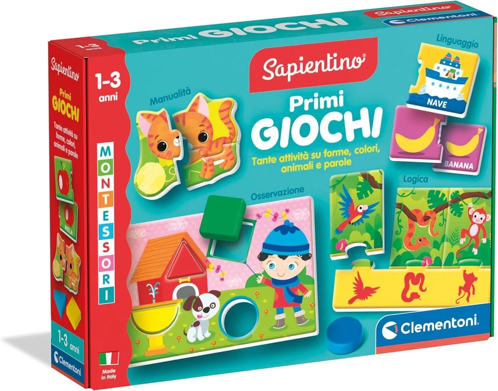 Clementoni Sapientino Montessori - Pirmieji žaidimai, edukacinis žaidimas Montessori metodu vaikams nuo 1-3 metų, su daugybe užsiėmimų formų, spalvų, gyvūnų ir žodžių tema, pagaminta Italijoje, italų kalba