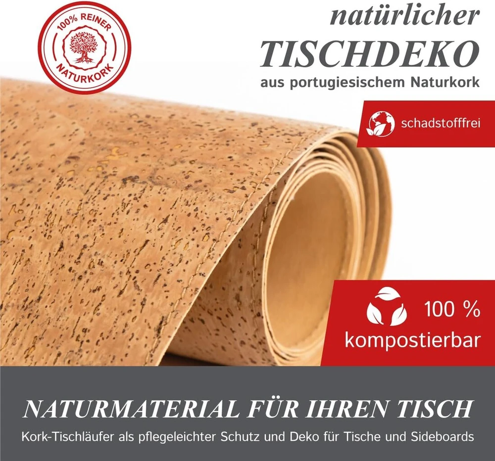 Cleverbrand kamštinis stalo takelis 180 x 45 cm, neslystantis, atsparus vandeniui, plytelių imitacijos ropojimo kilimėlis, netoksiškas, 100% natūralus kamštis, rudas