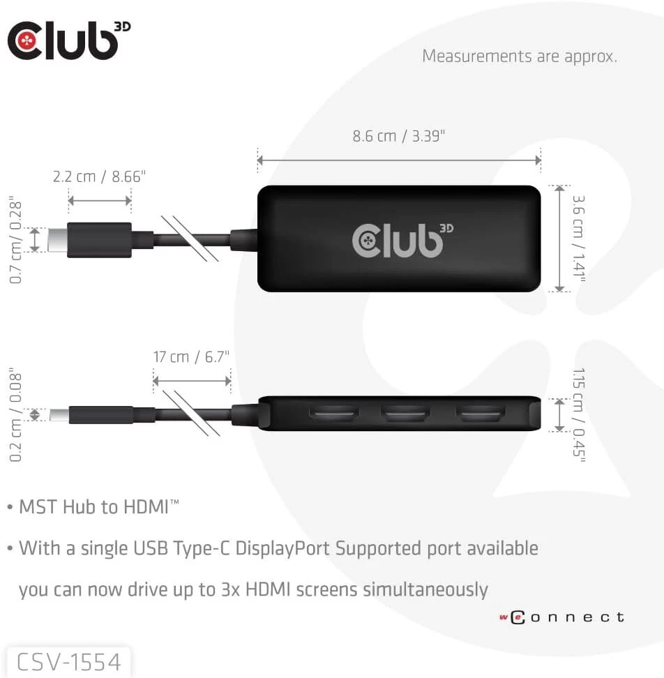 Club3d Mst šakotuvas Usb 3.2 Type C 3x Hdmi 4k60hz Male / Bu Retail