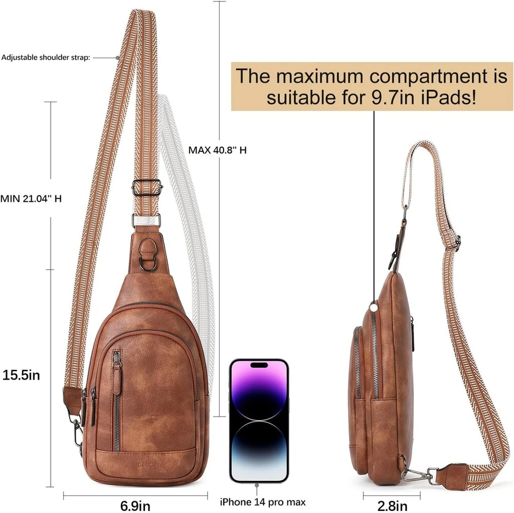 Cluci krūtinės krepšys moterims, crossbody krepšys, sling krepšys, pu oda, skirtas vyrams ir moterims, mažas krepšys per petį, sportinis krepšys, juosmens krepšys, krepšys ant diržo, plati juosta kelionėms lauke, 3202-bruan, sling