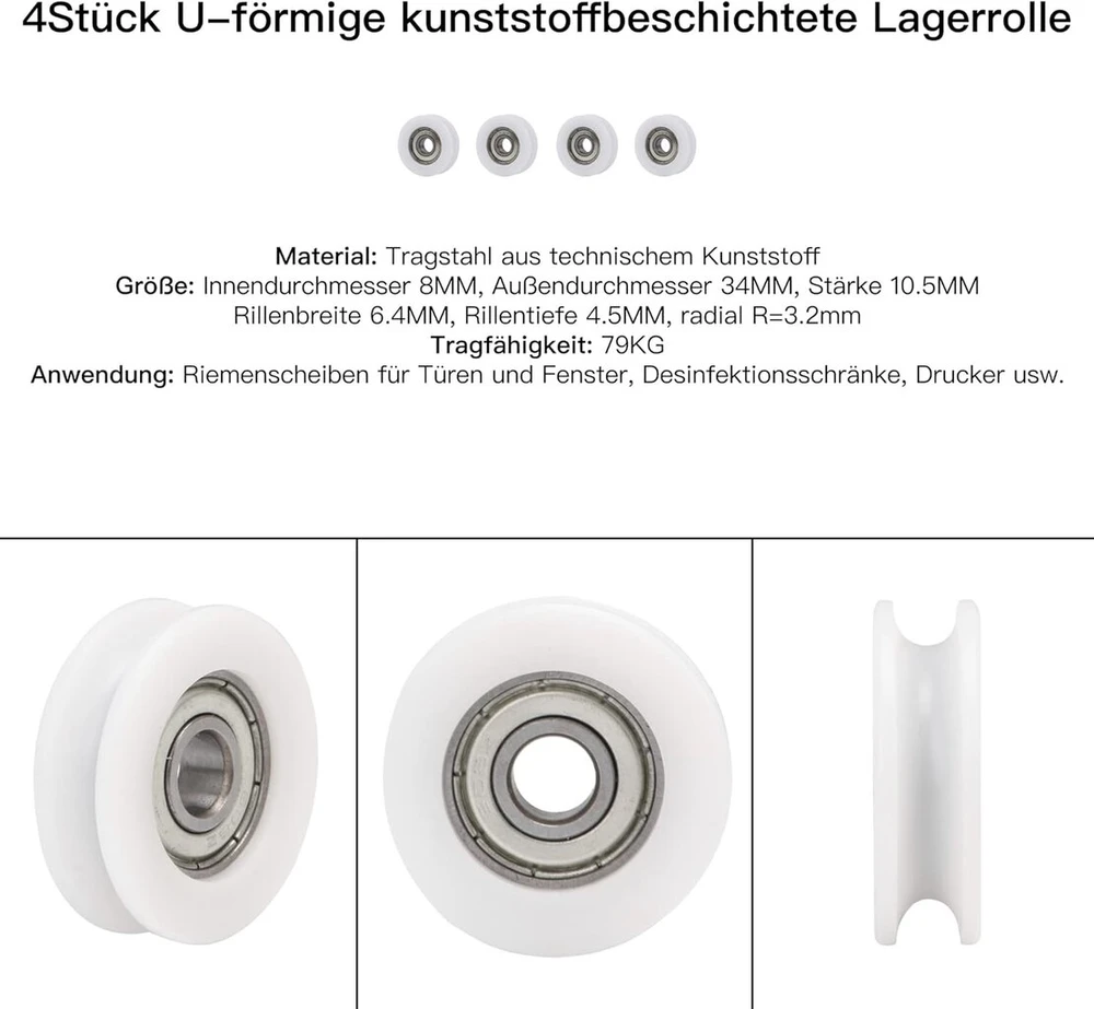 Cnbtr plastiku dengtas u formos griovelio kreipiamasis guolio skriemulys, 34 mm išorinis skersmuo, 8 mm vidinis skersmuo, 10,5 mm storis, maksimali apkrova 79 kg, 4 vnt.