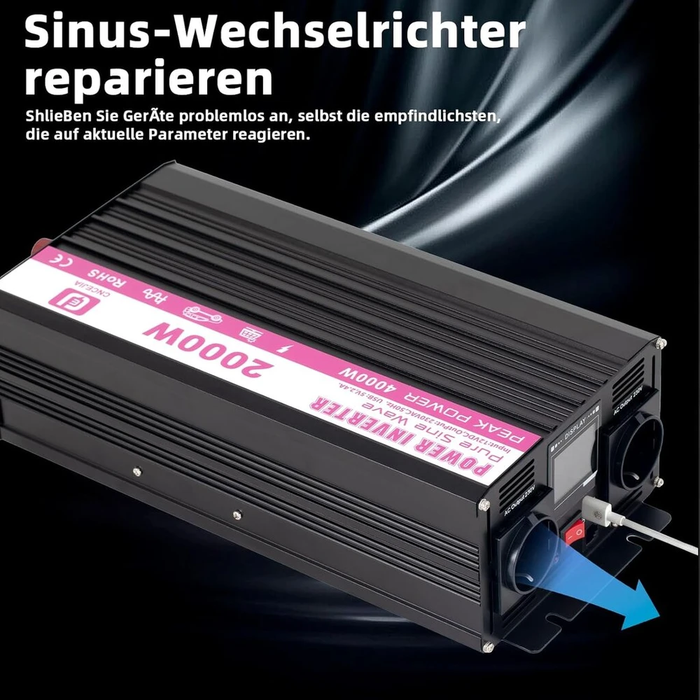 Cncejia Galios keitiklis 12v į 230v 2000w inverteris su gryna sinusine banga įtampos keitiklis galios inverteris Dc Ac galios keitiklis nešiojamiesiems kompiuteriams kompiuterių monitoriams Lcd televizoriams