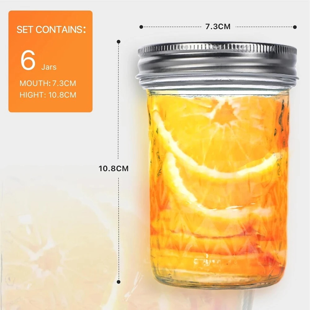 Cnosdb stiklainiai konservavimui 250 ml, 6 vnt. 8 oz mason stiklainis konservavimui su užsukamu dangteliu naminiam džemui, pomidorams, agurkams, medui, avižoms, žele, vaisių maisto produktų laikymui (6 vnt. 250 ml)
