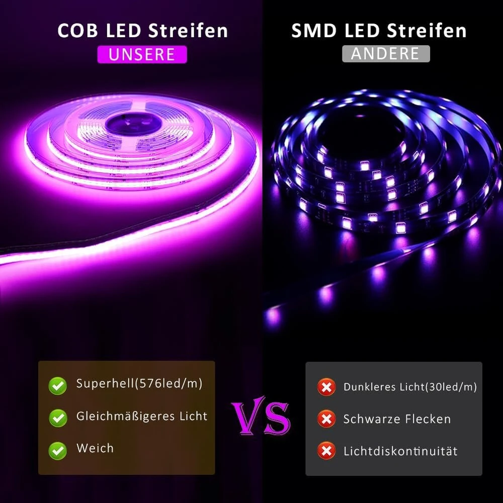 Cob led rgb juosta 10 m, wifi cob rgb led juosta alexa 24 v led šviesos juosta pritemdoma led cob šviesos juosta, 576 led/m, valdoma programėle, rgb cob led juosta 10 m lipni suderinama su alexa google