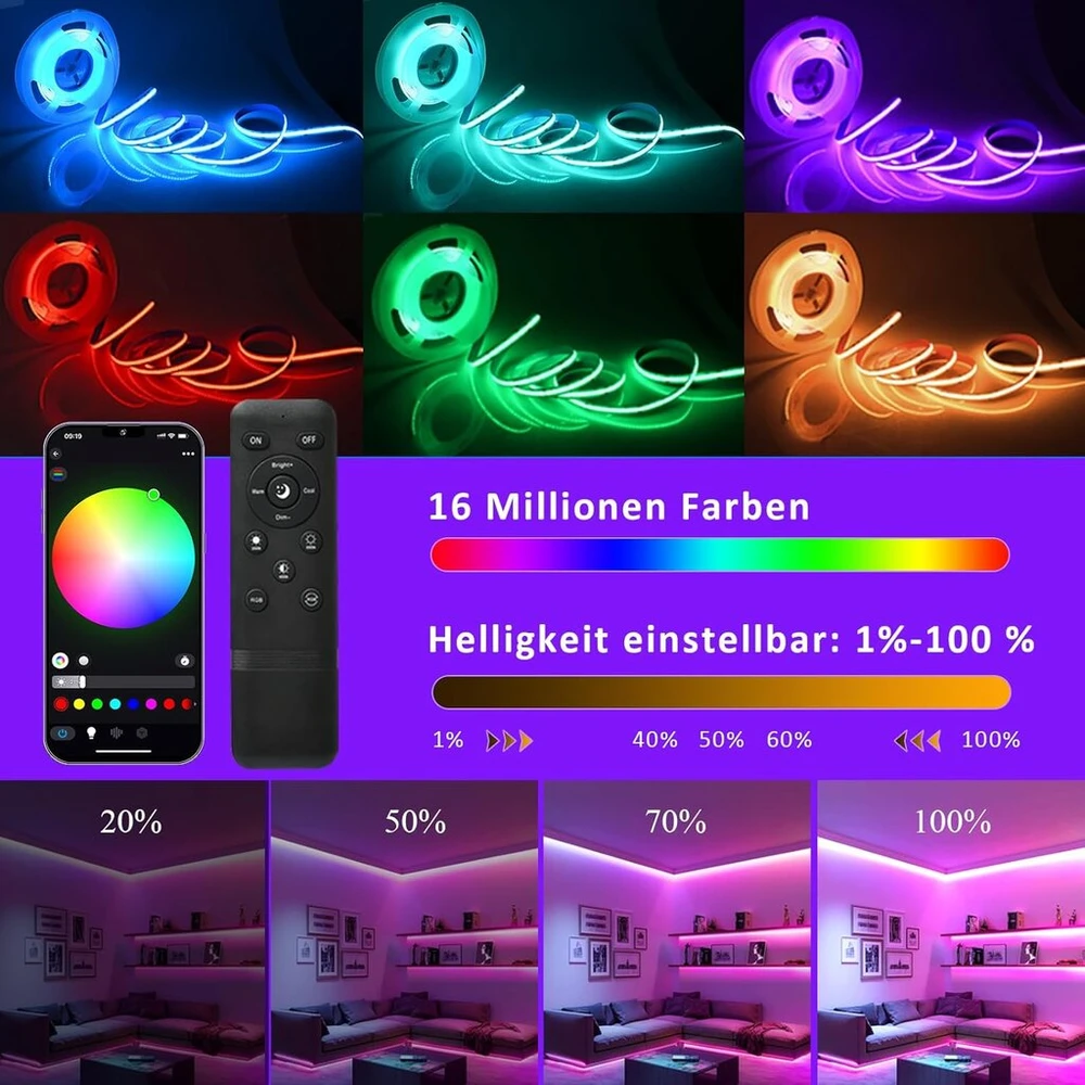 Cob led rgb juosta 10 m, wifi cob rgb led juosta alexa 24 v led šviesos juosta pritemdoma led cob šviesos juosta, 576 led/m, valdoma programėle, rgb cob led juosta 10 m lipni suderinama su alexa google