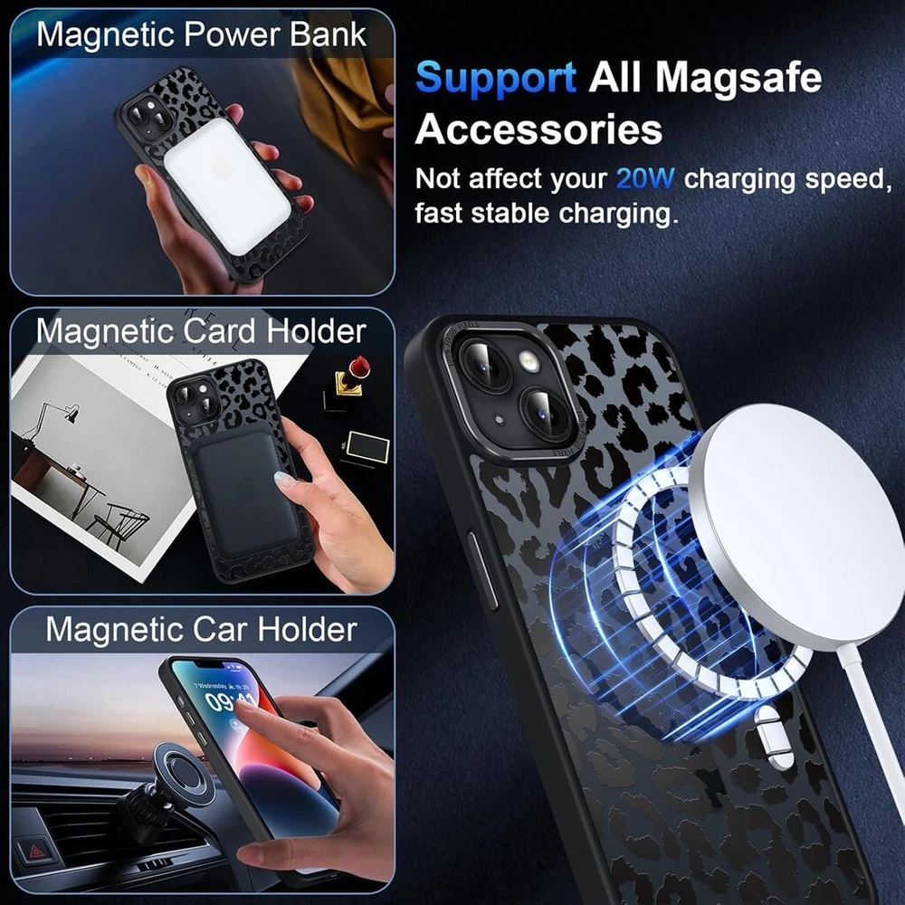 Coiwxmoi magnetinis telefono dėklas, skirtas iphone 14/iphone 13 6.1 colio, suderinamas su magsafe, estetiškas leopardų rašto permatomas mergaičių dėklas, matinis pc plonas tpu smūgiams atsparus apsauginis dangtelis