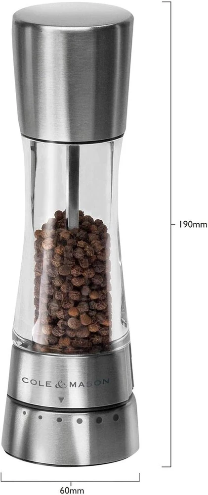 Cole & Mason H59401g Gourmet Precision Derwent akrilinis ir nerūdijančio plieno pipirų malūnėlis, sidabrinis