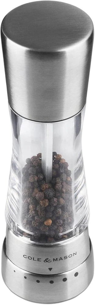 Cole & Mason H59401g Gourmet Precision Derwent akrilinis ir nerūdijančio plieno pipirų malūnėlis, sidabrinis