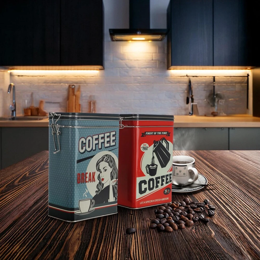 Com-four® 2 x metaliniai indai - kavos skardinė su užrakinamu dangteliu - metalinis indas maistui retro dizaino - dėžutė [pasirinkimas priklauso] (02 vienetai - spalvinga kava)