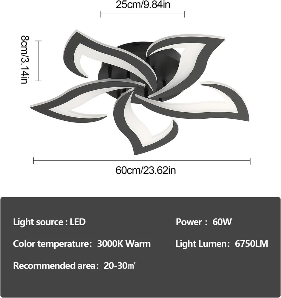Comely Led lubinis šviestuvas svetainei 60 cm 60 W 6750 Lm Led lempos, modernaus žiedlapio dizaino šviestuvai svetainei, virtuvei, miegamajam, valgomajam, 3000 K šilta balta šviesa, juodas