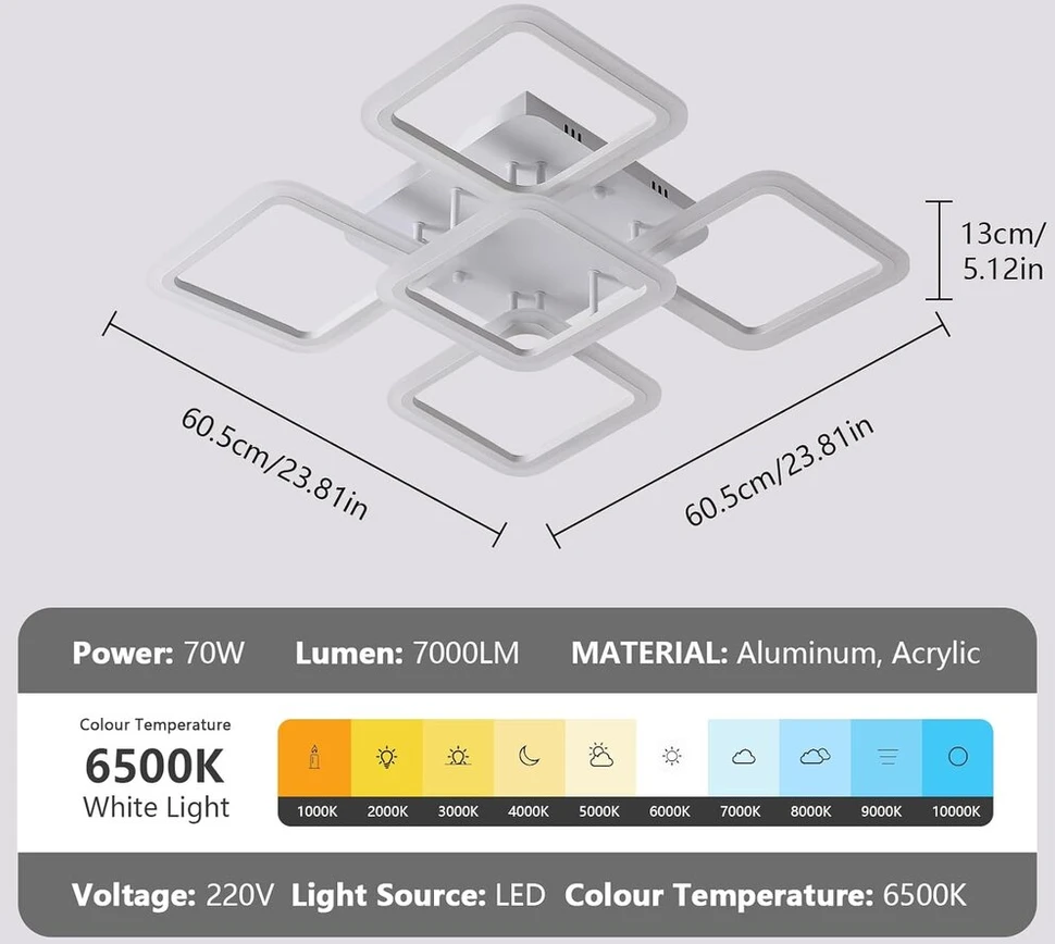 Comely Led lubų šviestuvas, 61 W, 7000 Lm, kūrybingas 5 galvučių kvadratinis Led lubų šviestuvas, akrilinis baltas lubų apšvietimas, modernus Led miegamojo, svetainės šviestuvas, šaltai balta 6500 K