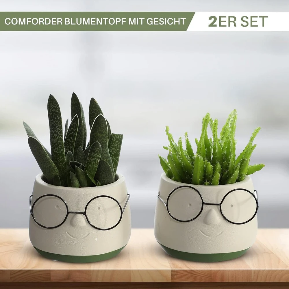 Comforder gėlių vazono galvos rinkinys iš 2 dalių - juokingi dekoratyviniai vazonai gėlėms, sukulentams, kaktusams - keraminiai vazonai namų dekoravimui lentynoms ir palangėms - 6,5 cm vidinis skersmuo