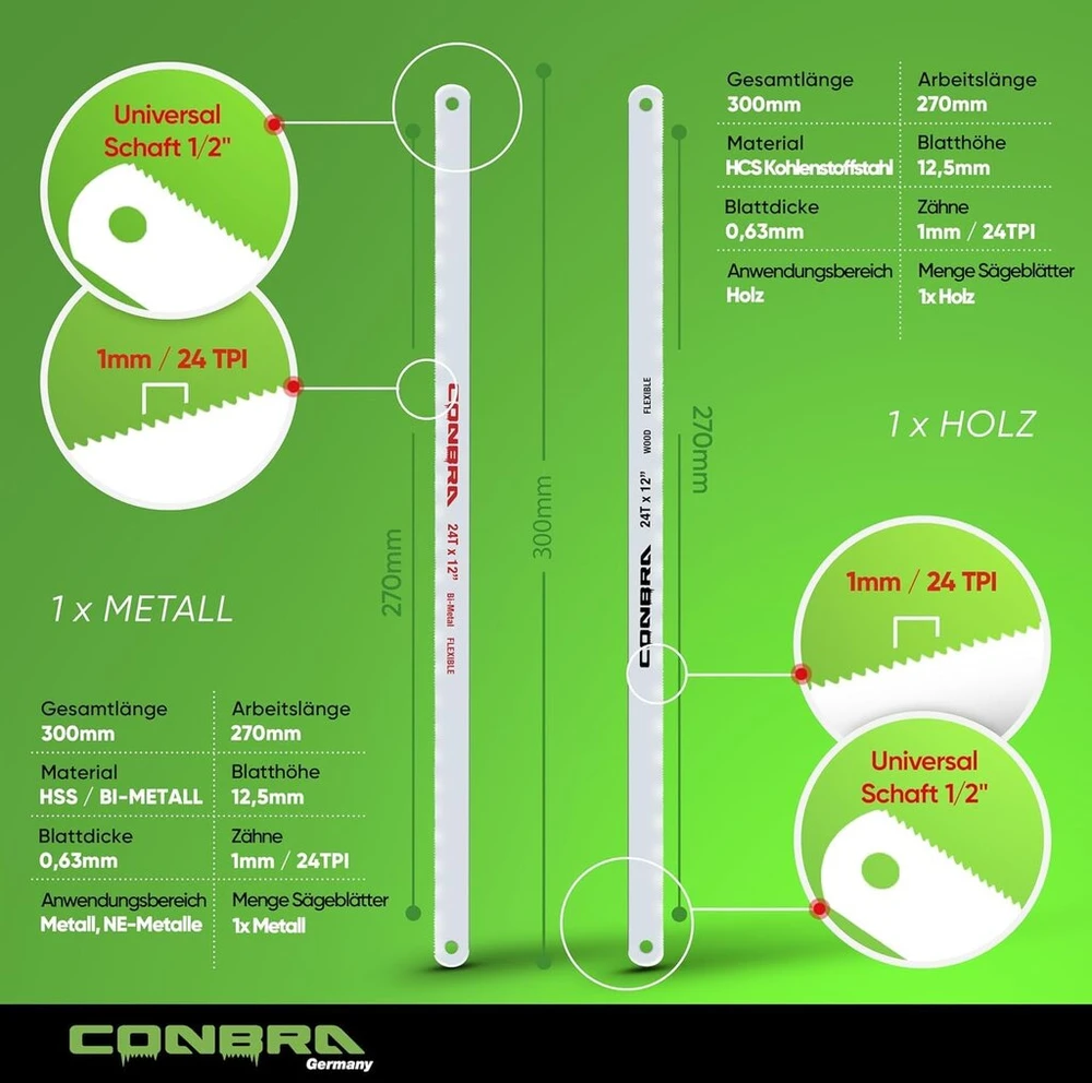 Conbra® metalo pjūklas 300 mm - metalo pjūklas 300 mm su medžio pjūkleliu + metalo pjūkleliu - tikslus varžtų ir vinių pjovimas