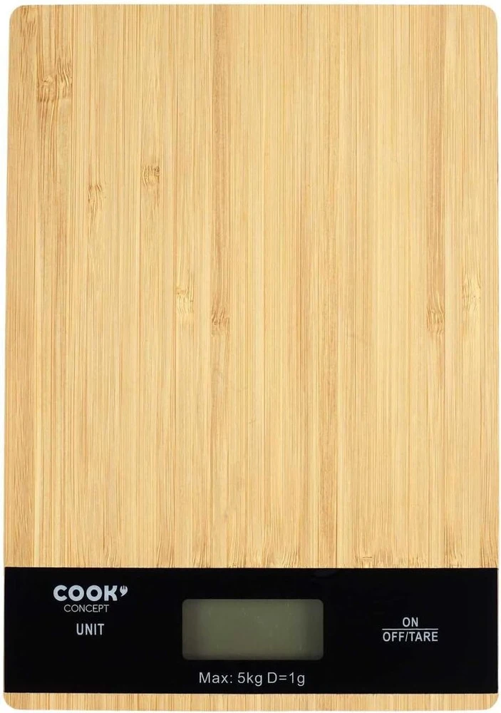 Cook Concept Ku6613 elektroninės virtuvinės svarstyklės, skaitmeninės, stačiakampės, 5kg, medinės, bambukinės, smėlio ir juodos spalvos, H2 x 15 x 21,5 cm