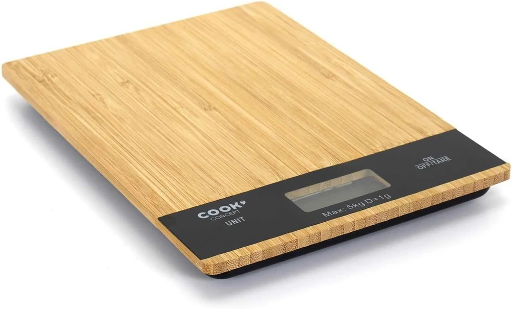 Cook Concept Ku6613 elektroninės virtuvinės svarstyklės, skaitmeninės, stačiakampės, 5kg, medinės, bambukinės, smėlio ir juodos spalvos, H2 x 15 x 21,5 cm