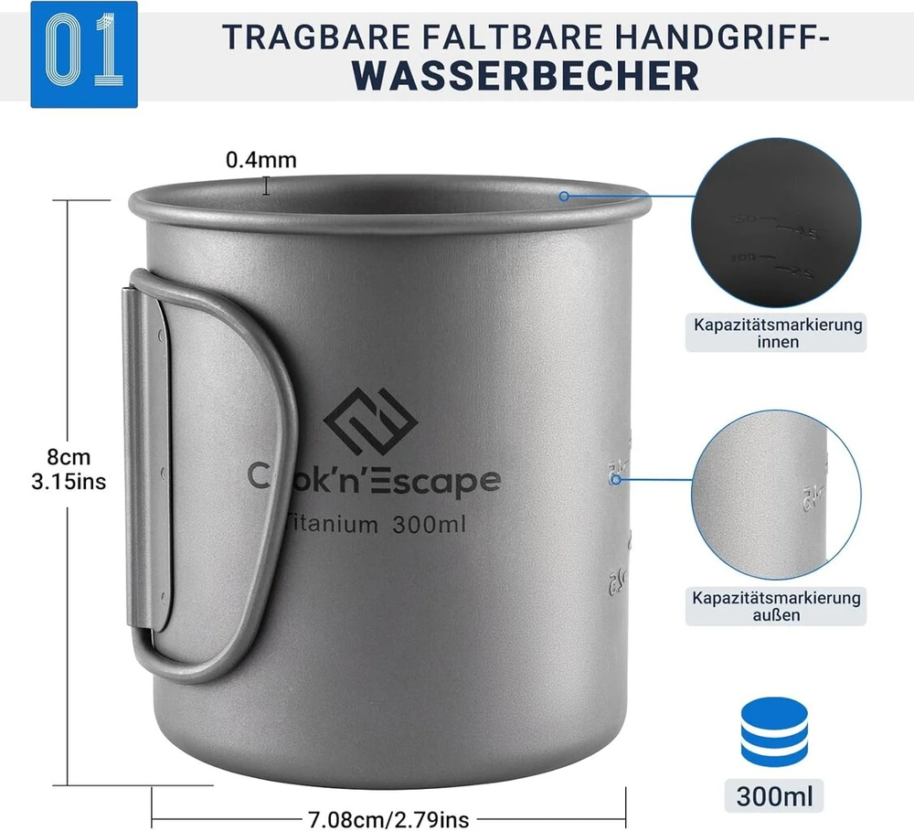 Cook'n'escape titan 300 ml kempingo puodelis, skirtas maisto gaminimui ant atviros ugnies, su sulankstomomis rankenėlėmis, skirtas iškyloms gamtoje ir žygiams