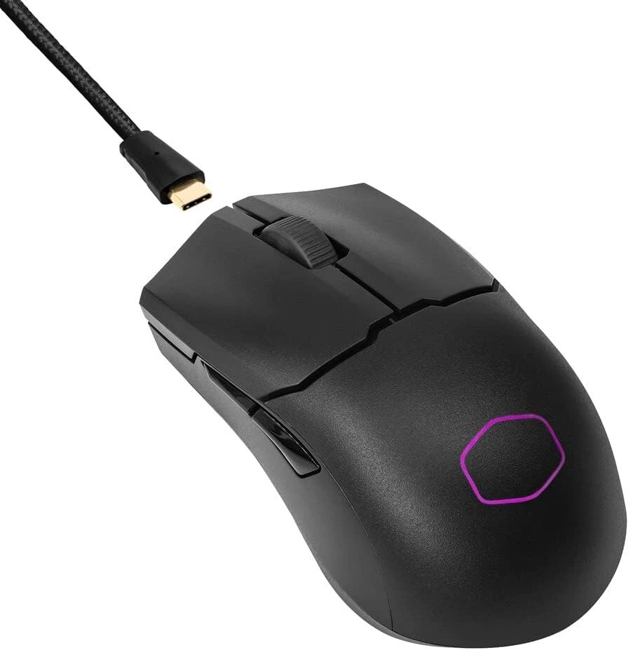 Kilimėlis Cooler Master Mm712 Rgb žaidimų pelė - itin lengva 59g, hibridinė belaidė, 19k Dpi Paw3370 optinis jutiklis, 70 milijonų paspaudimų optinis jungiklis, valdymas realiu laiku, Masterplus+ (38k Dpi, tik Pc) - juoda
