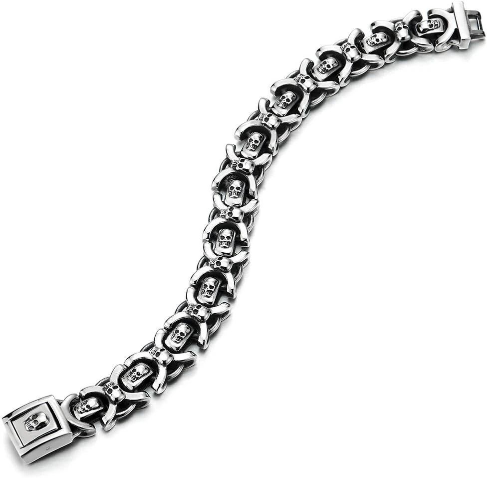 Coolsteelandbeyond vyriška nerūdijančio plieno vintažinė apyrankė su kaukolės pakabuku, grandinėlė su spyruokliniu užsegimu, pankroko stiliaus, nerūdijantis plienas, metalas, netaikoma