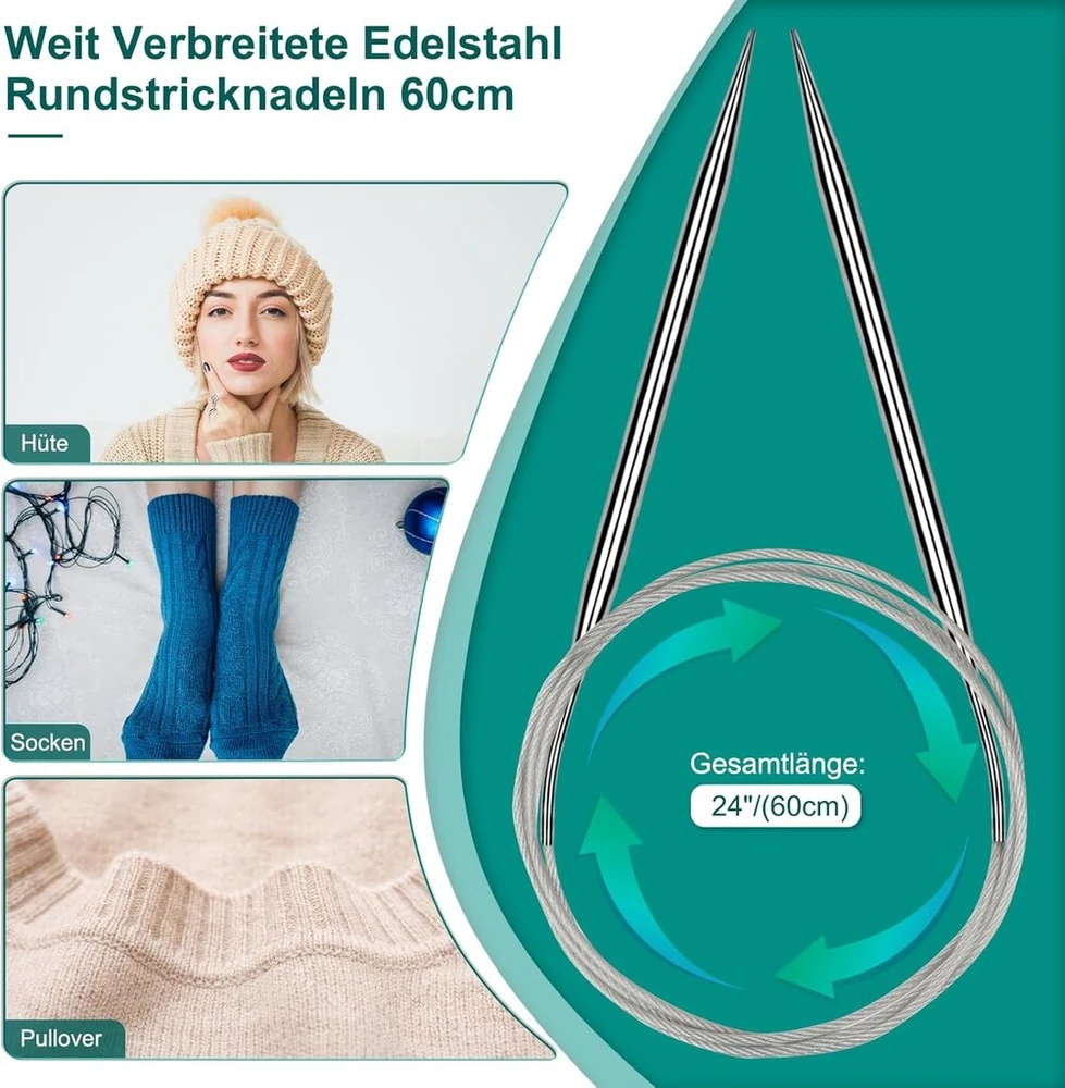 Coopay nerūdijančio plieno apskritų virbalų rinkinys, 9 vnt. su virbalų matuokliu, 60 cm metaliniai virbalai 2.0-6.0 mm skirti megztiniams, šalikams, pledams ar dideliems projektams