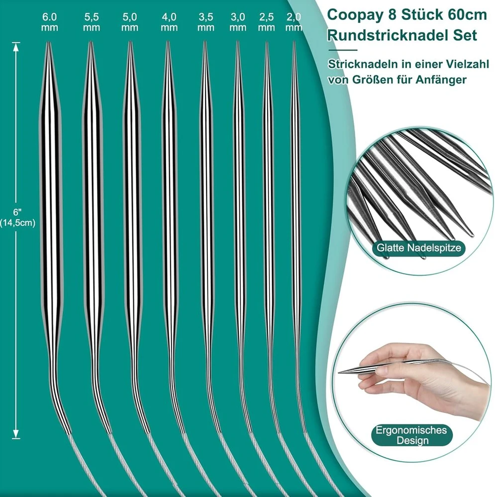 Coopay nerūdijančio plieno apskritų virbalų rinkinys, 9 vnt. su virbalų matuokliu, 60 cm metaliniai virbalai 2.0-6.0 mm skirti megztiniams, šalikams, pledams ar dideliems projektams