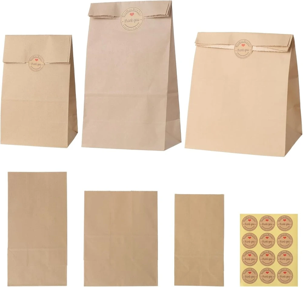 Coptiner rudų kraft popierinių maišelių rinkinys su lipdukais, 60 vnt., 90 g/m², sustiprinti, atsparūs aliejui, saldainių, vaišių maišeliai kalėdoms, helovinui, gimtadieniui, vestuvėms, 3 dydžių