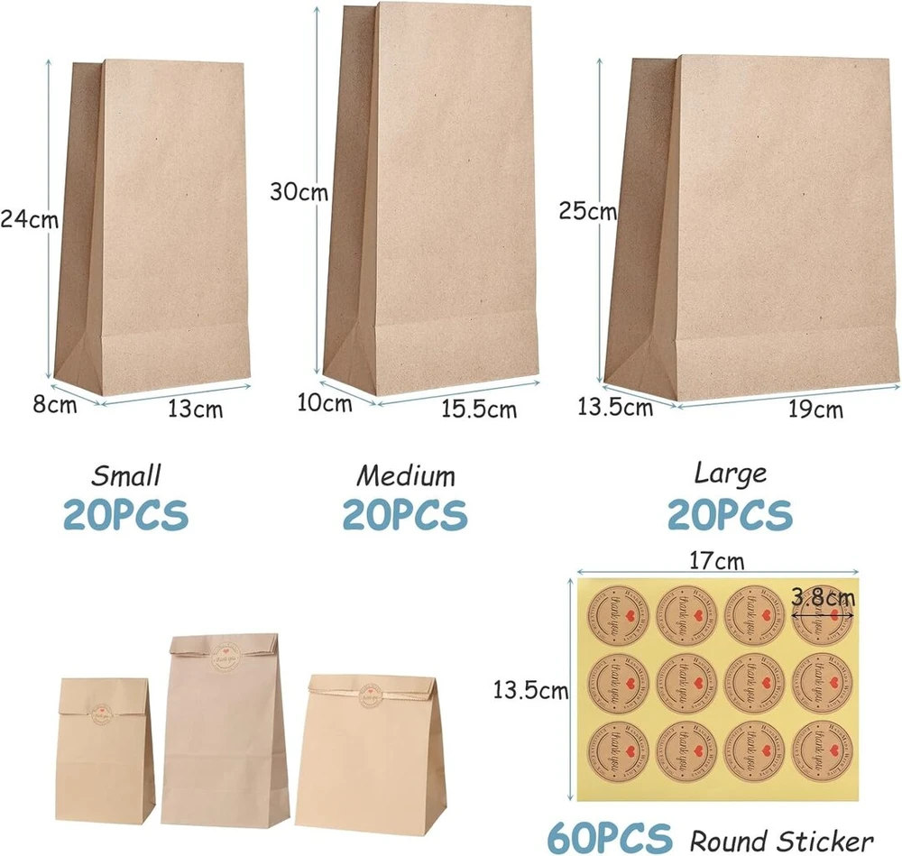 Coptiner rudų kraft popierinių maišelių rinkinys su lipdukais, 60 vnt., 90 g/m², sustiprinti, atsparūs aliejui, saldainių, vaišių maišeliai kalėdoms, helovinui, gimtadieniui, vestuvėms, 3 dydžių