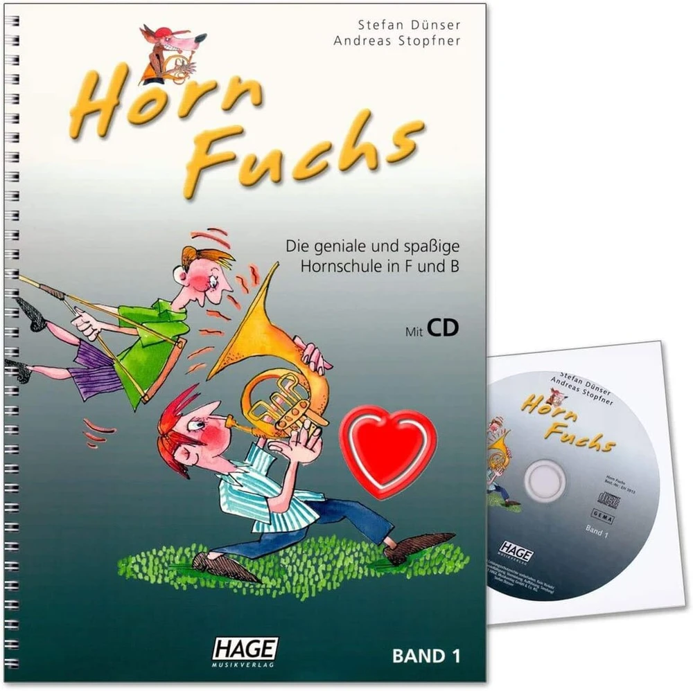 Corne Renard 1 tomas – puiki ir smagi valtorna mokykla F ir B, autoriai Stefan Dünser ir Andreas Stopfner – vadovėlis su Cd ir spalvingu širdies formos segtuku