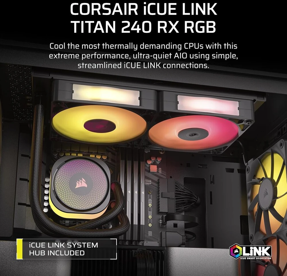 Corsair Icue Link Titan 240 Rx Rgb skystinis Cpu aušintuvas - 240mm Aio - 2x Rx120 Rgb ventiliatoriai komplekte - tinka Intel Lga 1851/1700, Amd Am5/am4 - su Icue Link sistemos mazgu - juodas