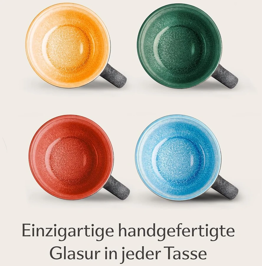 Cosumy espresso puodelių su lėkštutėmis rinkinys, 4 vnt. - 90 ml keramika, dekoratyvinis akmens masės indas su rankų darbo reaktyvine glazūra - ilgai išlaiko šilumą (spalvingas)