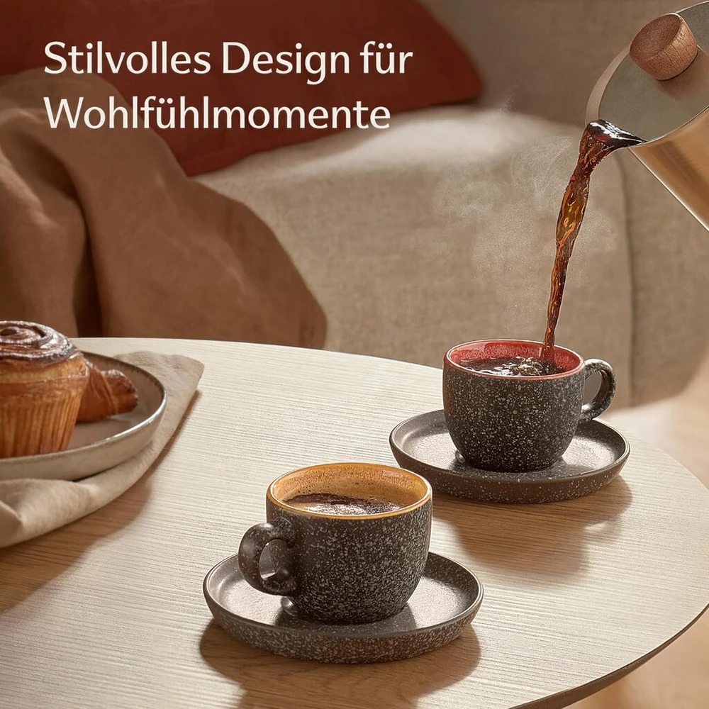 Cosumy espresso puodelių su lėkštutėmis rinkinys, 4 vnt. - 90 ml keramika, dekoratyvinis akmens masės indas su rankų darbo reaktyvine glazūra - ilgai išlaiko šilumą (spalvingas)