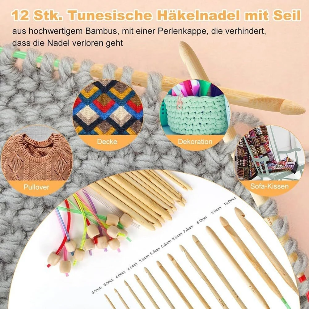 Cosycaya tunisiškų nėrimo vąšelių rinkinys, 23 vnt., 11 ilgų aliumininių nėrimo vąšelių 2.0-8.0mm ir 12 tunisiškų bambukinių nėrimo vąšelių