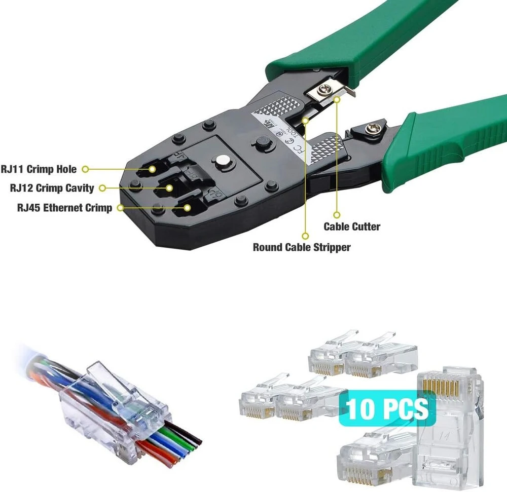 Covvy 12 in 1 cat5 cat6 kabelių testerio priežiūros įrankių rinkinys rj45 kabelių užspaudėjas, 8p8c rj45 kištukas, kabelių testeris, atsuktuvas, laidų nuėmimo įrankių rinkinys